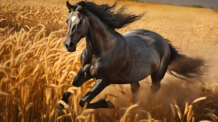 Experience the exhilarating sight of a horse galloping freely through a vast field. With unbridled energy and untamed spirit, it dashes across the landscape.