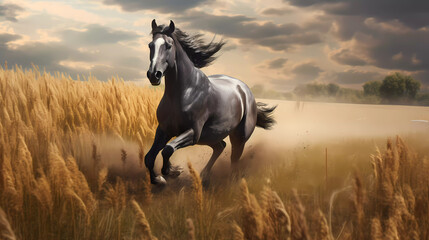 Obraz premium Experience the exhilarating sight of a horse galloping freely through a vast field. With unbridled energy and untamed spirit, it dashes across the landscape.