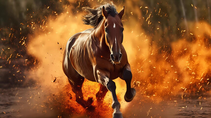 In a breathtaking display of courage and strength, a horse charges through swirling flames, defying the intense heat with unwavering determination.