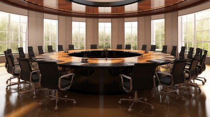Round table and empty chairs meeting room setup