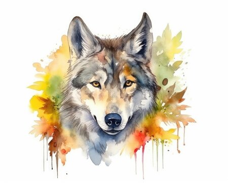 A fairy watercolor portrait of a colorful wolf with yellow eyes isolated on a white background. (Generative AI)