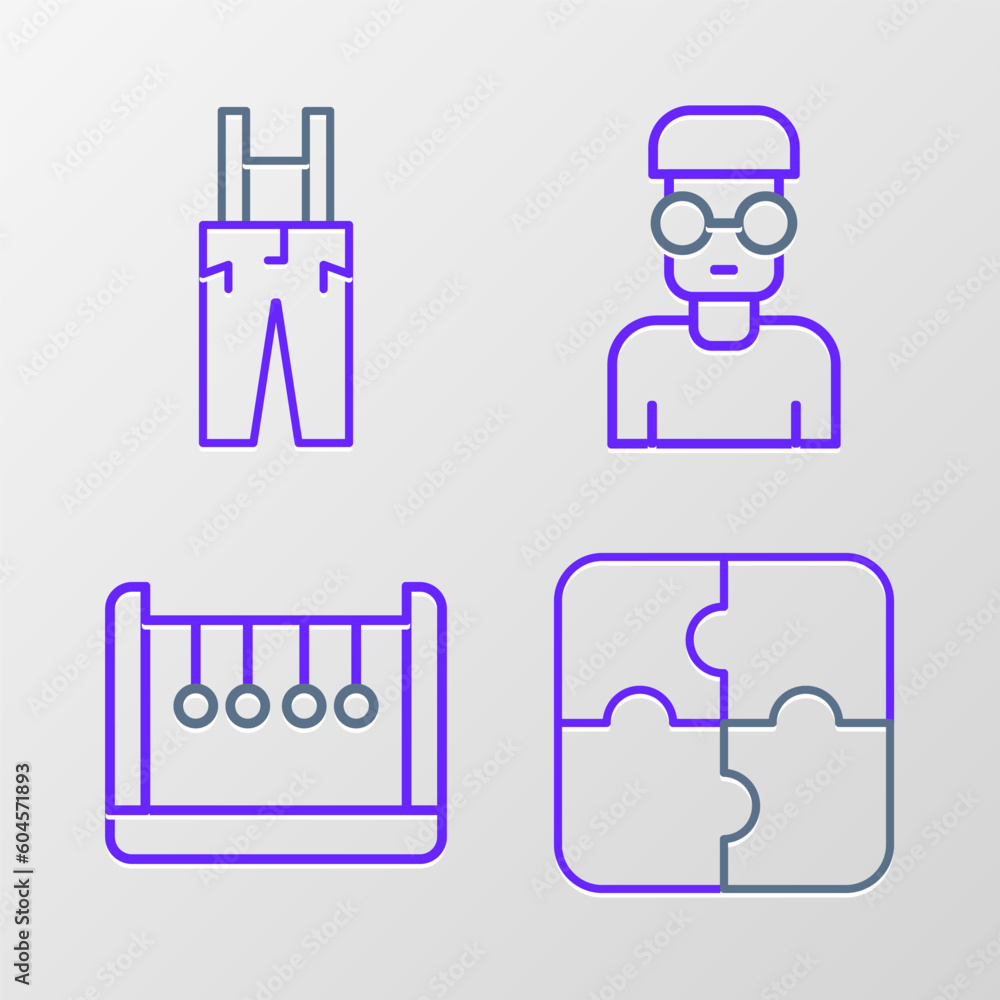 Poster set line piece of puzzle, pendulum, nerd geek and pants with suspenders icon. vector