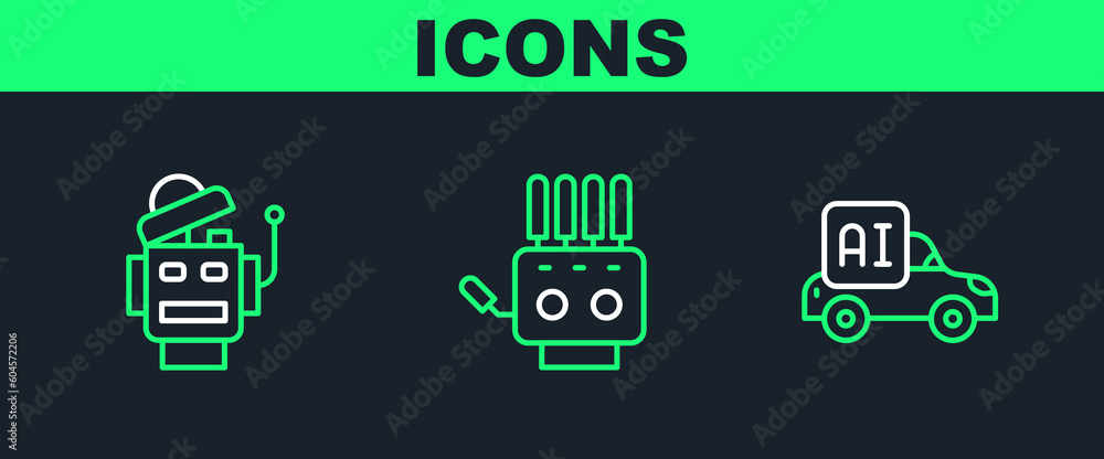 Poster set line autonomous smart car, robot and mechanical robot hand icon. vector