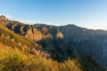 Mountain scenery at sunset of Madeira Parque Natural da Madeira at sunset. portugal