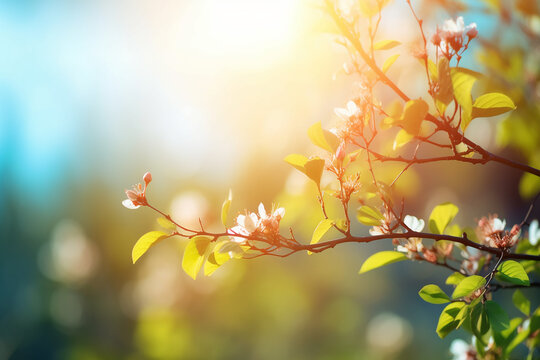 A fresh spring blue sunny sky background with blurred warm sunny glow, Generative AI