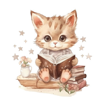 cute baby cat girl read a book on a wooden chair