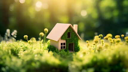 Eco house. Green and environmentally friendly housing concept. Miniature wooden house in spring grass, moss and ferns on a sunny day - obrazy, fototapety, plakaty