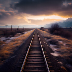Fototapeta premium Einzelnes gerades Zuggleis in schöner einsamer Landschaft unter Himmel