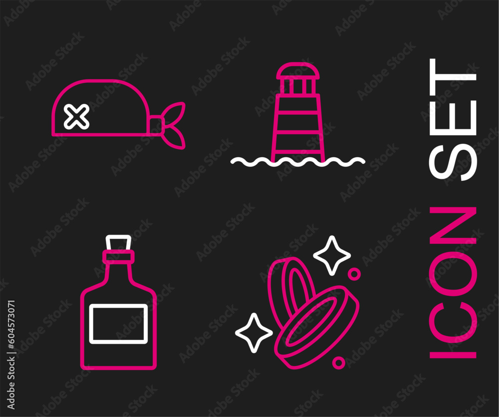 Wall mural Set line Pirate coin, Alcohol drink Rum, Lighthouse and bandana for head icon. Vector