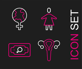 Set line Female reproductive system, Money growth woman, and Feminism in the world icon. Vector