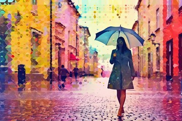 An illustration depicting a woman gracefully walking down a vibrant city street with an umbrella to shield herself from the rain, created with Generative AI technology