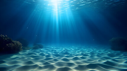 Fototapeta na wymiar Empty blue underwater with sunlight shine to sand sea floor, deep ocean.