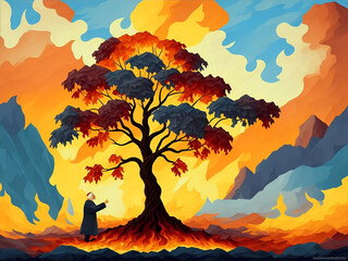 Colorful painting art of the biblical Moses and the burning bush. Christian abstract concept. AI generated illustration.