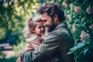 Fototapeta premium father hugs daughter in the garden, father's day, loving moment, generative ai
