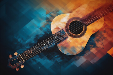 Naklejka premium Abstract background illustration of a acoustic guitar with grunge noise and colorful texture. Music industry theme. Generative AI