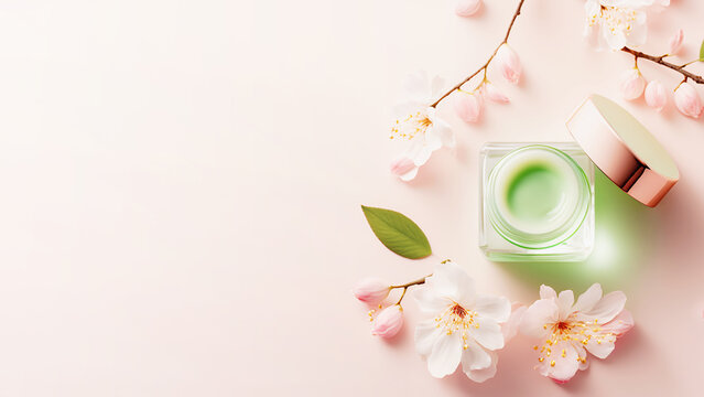 Glass cosmetic jar with moisturizing mint cream on light pink background with branches with blooming sakura flowers. Natural beauty product. Mockup, flat lay, copy space. Generative ai