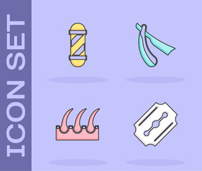 Set Blade razor, Classic Barber shop pole, Human hair follicle and Straight icon. Vector