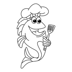 Funny fish chef cartoon characters vector illustration. For kids coloring book.
