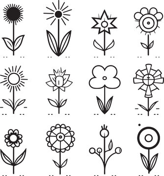 set of black and white flowers, a set of flowers vector illustration, single lined flowers vector illustration