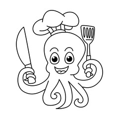 Obraz premium Funny octopus chef cartoon characters vector illustration. For kids coloring book.
