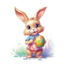 An Easter bunny has a colorful egg. (Generative AI)