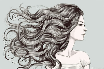 long hair girl profile outline monochrome drawing Generative Ai