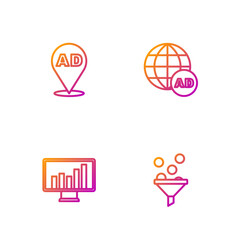 Set line Lead management, Monitor with graph chart, Advertising and . Gradient color icons. Vector