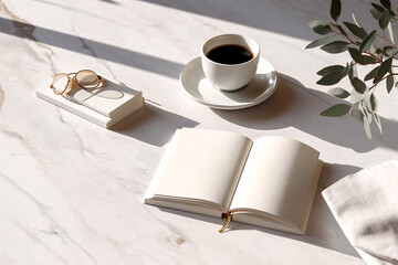 still life with empty white note book mockup and coffee on marble table 