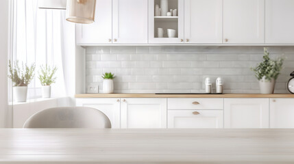 Fototapeta na wymiar Empty white wooden table in beautiful kitchen. Space for design