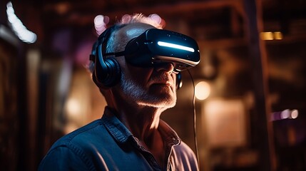A old man wearing a VR headset is immersed in a metaverse world, where she interacts with various virtual reality objects. Generative AI