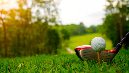 Golf ball and golf club in beautiful golf course at Thailand.