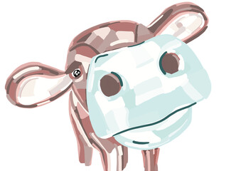 Illustration graphique drôle d’une vache curieuse, son museau en gros plan, conçu avec des blocs de couleurs