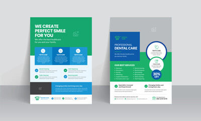 Dental care service flyer template and professional medical healthcare leaflet design with dentist poster.