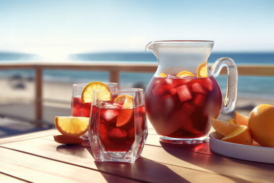 jarra y vasos de sangria sobre fondo de playa en verano. Bebida refrescante tradicional en Espa&ntilde;a en verano