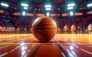 Basketball ball on a arena floor close up view blur stadium background generative ai