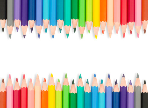 Isolated set of rainbow color wooden pencils. Multicolored bright background for your text. Frame