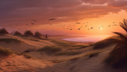 Fototapeta na wymiar Summer Beach Sunset Panorama. The sunset over a wide sand ocean