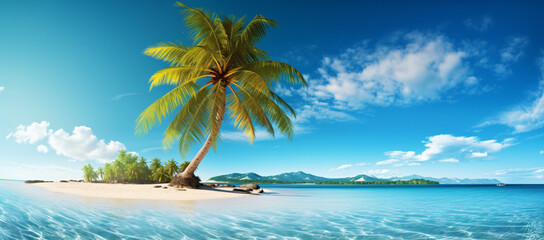 Fototapeta na wymiar Tropical Paradise with palm tree on white sand and turquoise ocean , Beach Of Maldives