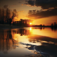 Fototapeta na wymiar Sunset in the river. Generative AI Illustration
