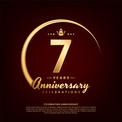 7 year anniversary template design with golden number and ring for birthday celebration event, invitation, banner poster, flyer, and greeting card, vector template