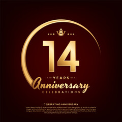 14 year anniversary template design with golden number and ring for birthday celebration event, invitation, banner poster, flyer, and greeting card, vector template