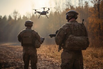 wo soldiers with their backs to the camera launch a full size military combat drone into flight