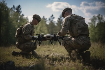 Fototapeta premium Original name(s): Two soldiers launch a full size military combat drone into flight