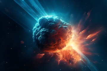 Abstract explosion in space. Global accident in the galaxy. AI illustration. Galaxies design backdrop for desktop wallpaper.
