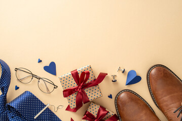 Captivating Father's Day event concept. Top view shot of hearts, tie, shoes, cufflinks, glasses,...
