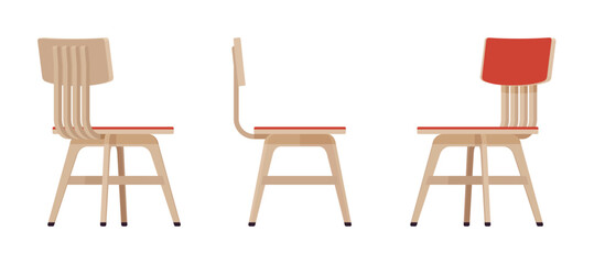 Dining side chair furniture set in natural beige. Wood seat, back rest, kitchen room, cafe, restaurant classic modern interior design. Vector flat style cartoon home, office isolated, white background