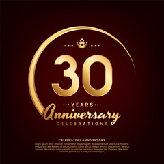 30 year anniversary template design with golden number and ring for birthday celebration event, invitation, banner poster, flyer, and greeting card, vector template