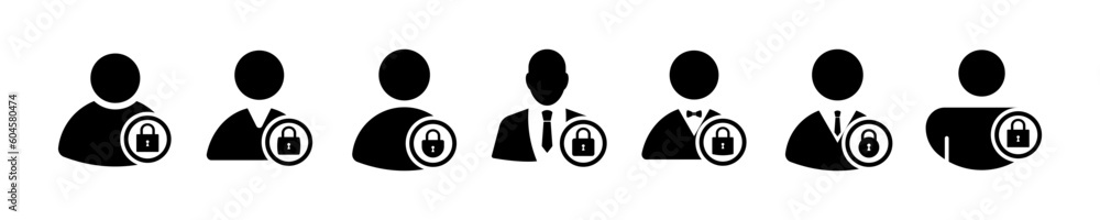 Poster set of profile with lock vector icons. closed account. user with padlock. access to account.
