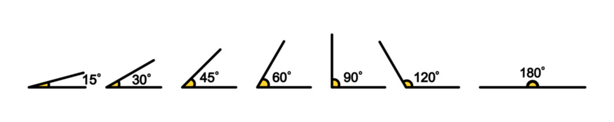 Set of angles with 15 to 180 degrees. Mathematical measure. Vector 10 Eps. 