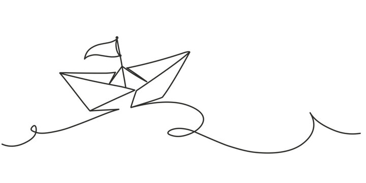 paper boat and sea line art style vector illustration